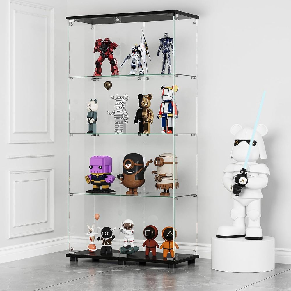Glass Cabinet Display - Black 4-Shelf Double Door Lockable Glass