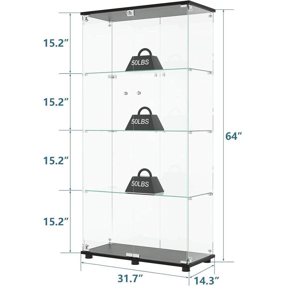 Black 4-Shelf Double Door Lock - Glass Cabinet Display ulasan dan harga