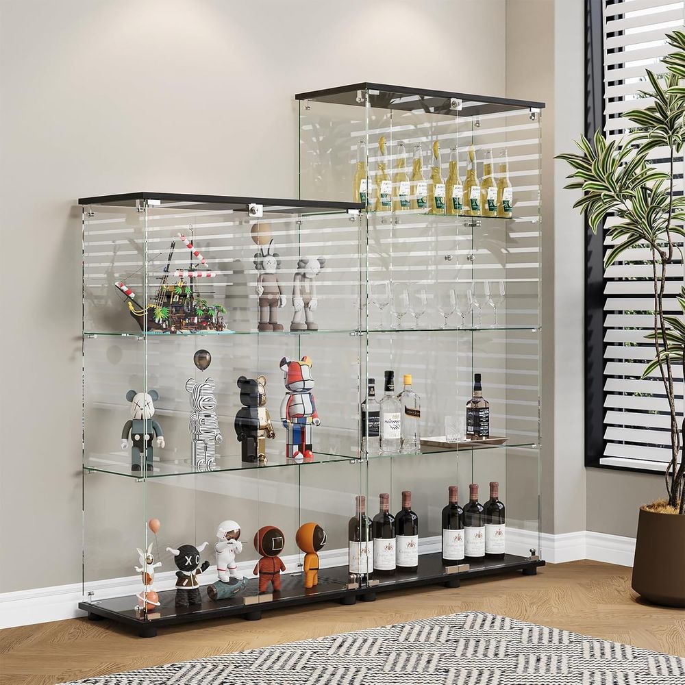 Black 4-Shelf Double Door Lock - Glass Cabinet Display ulasan dan harga