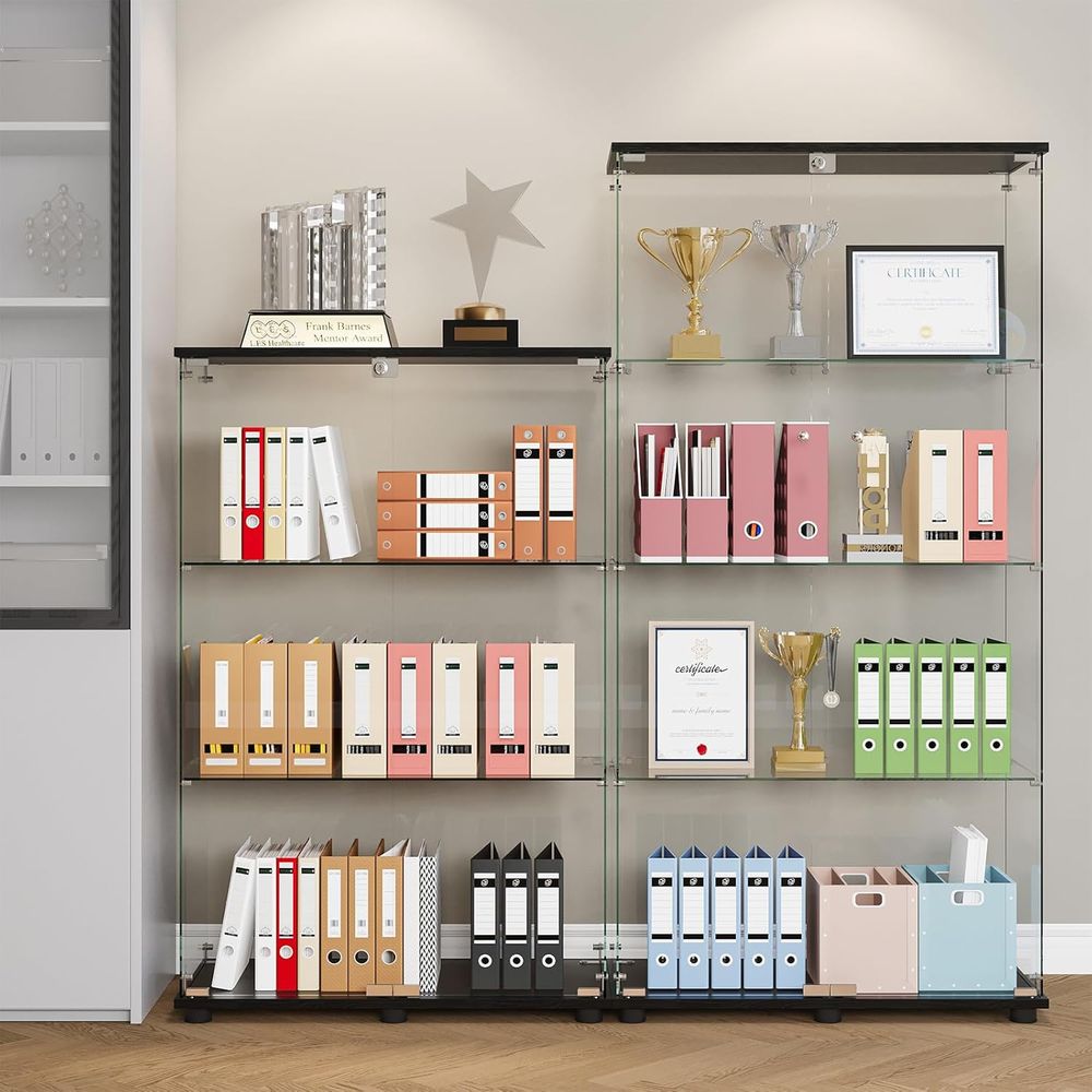 Black 4-Shelf Double Door Lock - Glass Cabinet Display ulasan dan harga